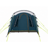 Front view of a blue tent with a central arched entrance, two side windows, and yellow guy lines