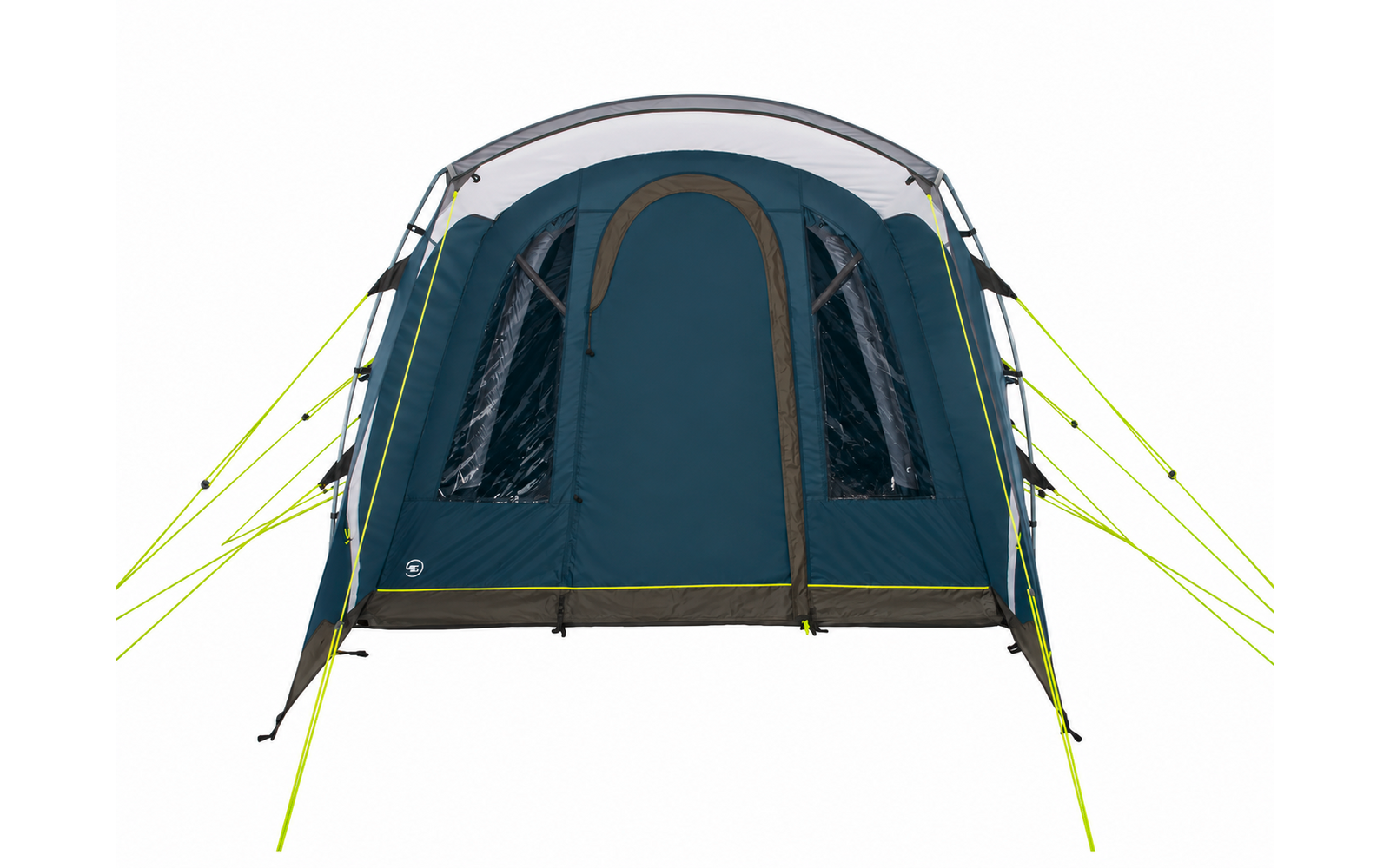 Front view of a blue tent with a central arched entrance, two side windows, and yellow guy lines