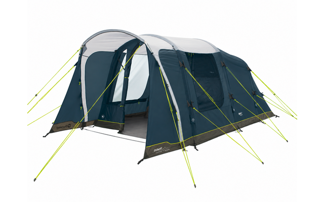 Large blue tent with a gray roof, open entrance, neon yellow guy lines and several curved pole arches