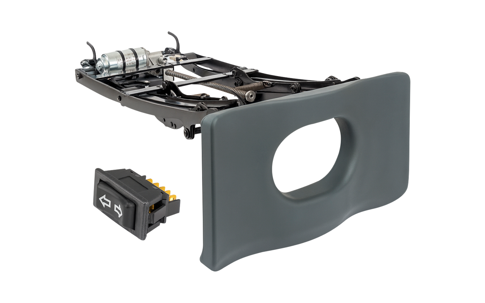 Metallrahmen mit mechanischen Bauteilen, graues gepolstertes Kissen mit ovaler Öffnung und schwarzer Kunststoffschalter mit weißen Pfeilsymbolen