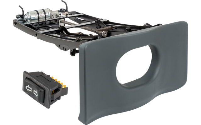 Metallrahmen mit mechanischen Bauteilen, graues gepolstertes Kissen mit ovaler Öffnung und schwarzer Kunststoffschalter mit weißen Pfeilsymbolen