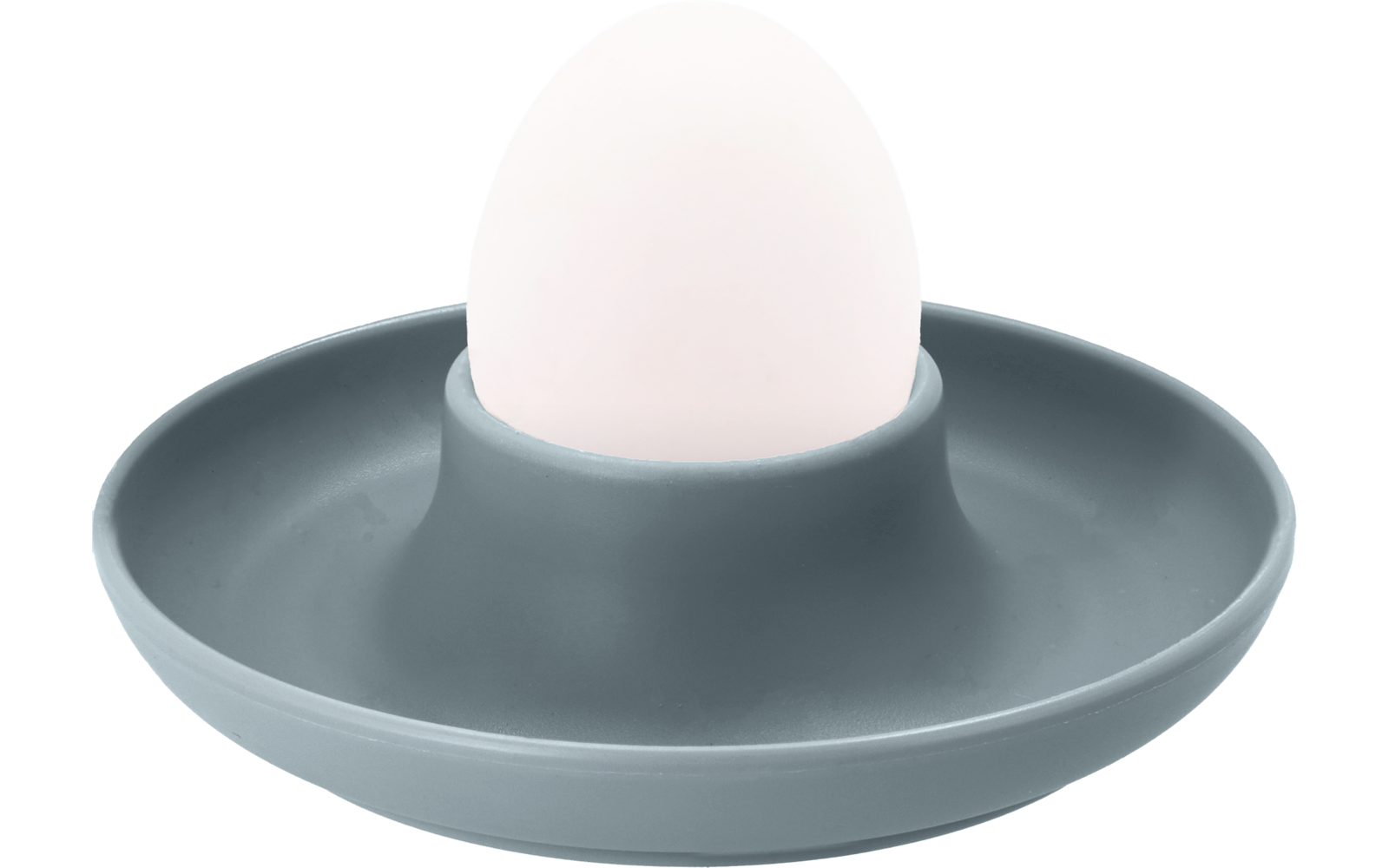 Ein weißes Ei steht in einem grauen Eierbecher mit breiter Basis