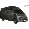 Furgone camper grigio scuro con porta scorrevole laterale, finestrini, tendalino estraibile e ruote nere