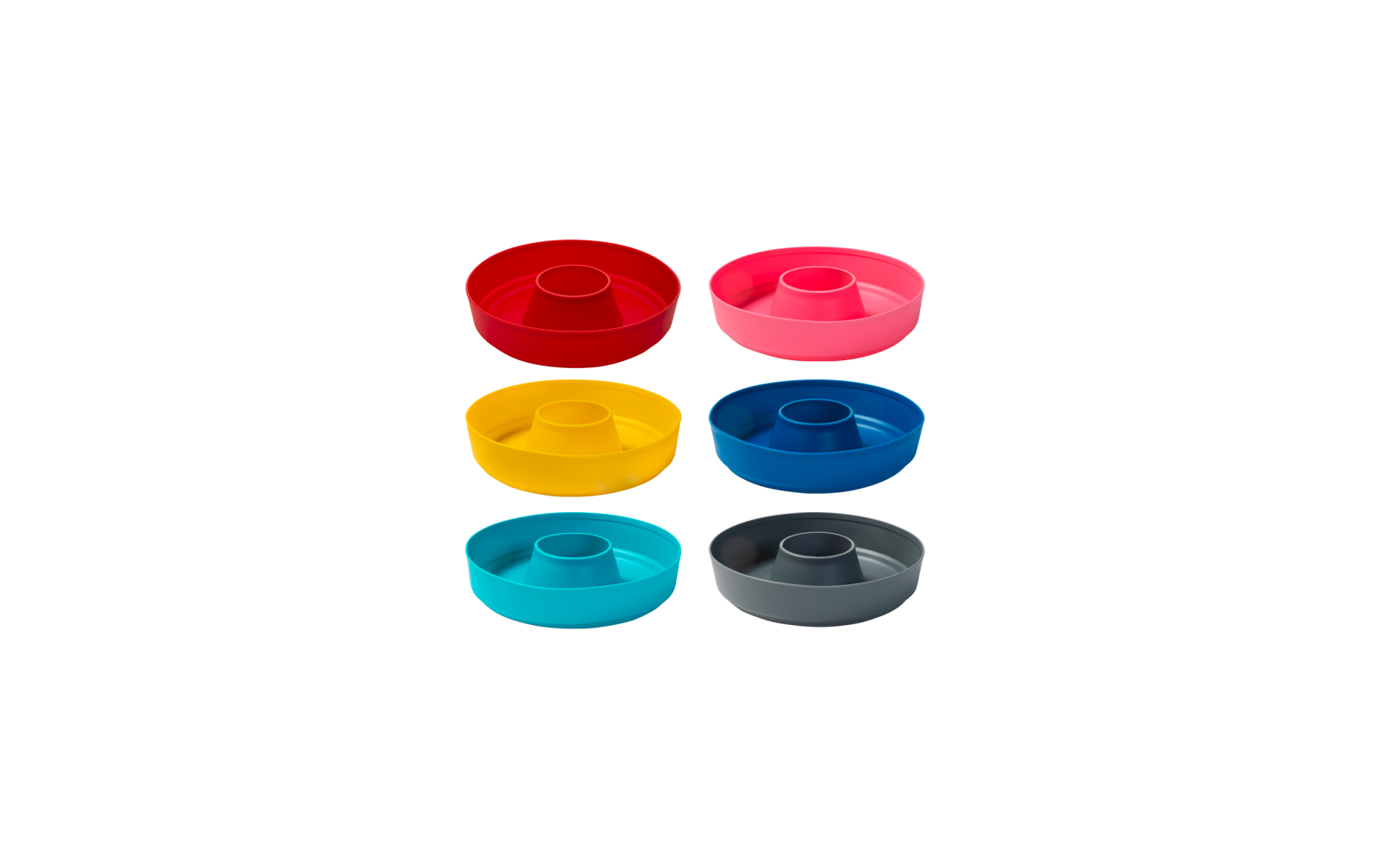 Six round bowls with a raised central section, arranged in two columns and three rows; colors: red, pink, yellow, blue, turquoise, gray