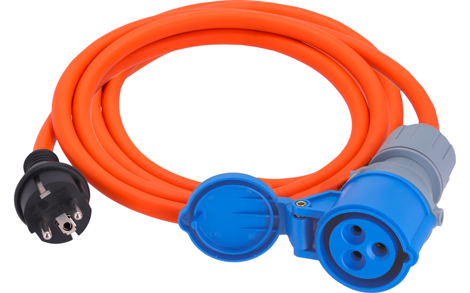 Aufgerolltes orangefarbenes Stromkabel mit blauem dreipoligen Steckverbinder (Schutzkappe geöffnet) und schwarzem Stecker auf weißem Hintergrund