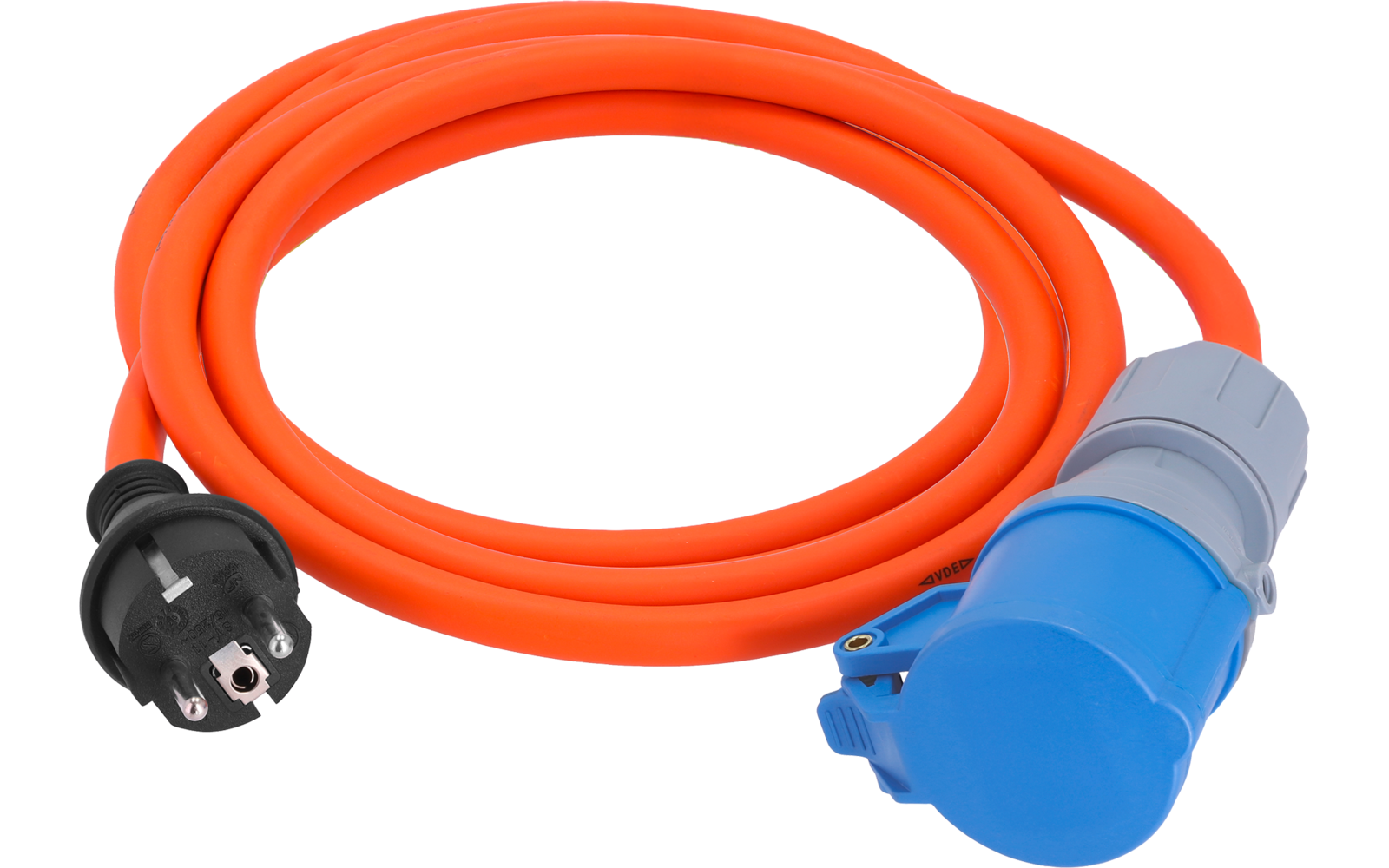 Aufgewickeltes orangefarbenes Kabel mit schwarzem Stecker (zwei runde Stifte und dritter Kontakt) und blau-grauem Steckverbinder mit Klappkappe