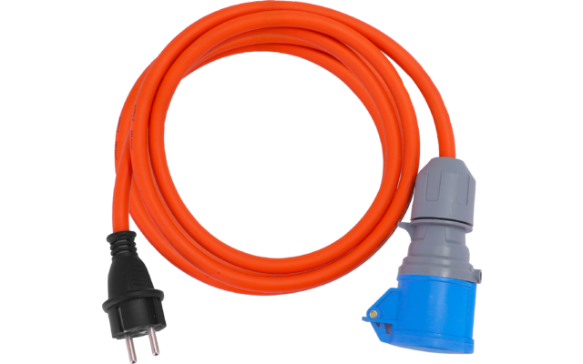 aufgerolltes orangefarbenes Kabel mit schwarzem Stecker und blauem Steckanschluss mit grauem Gehäuse