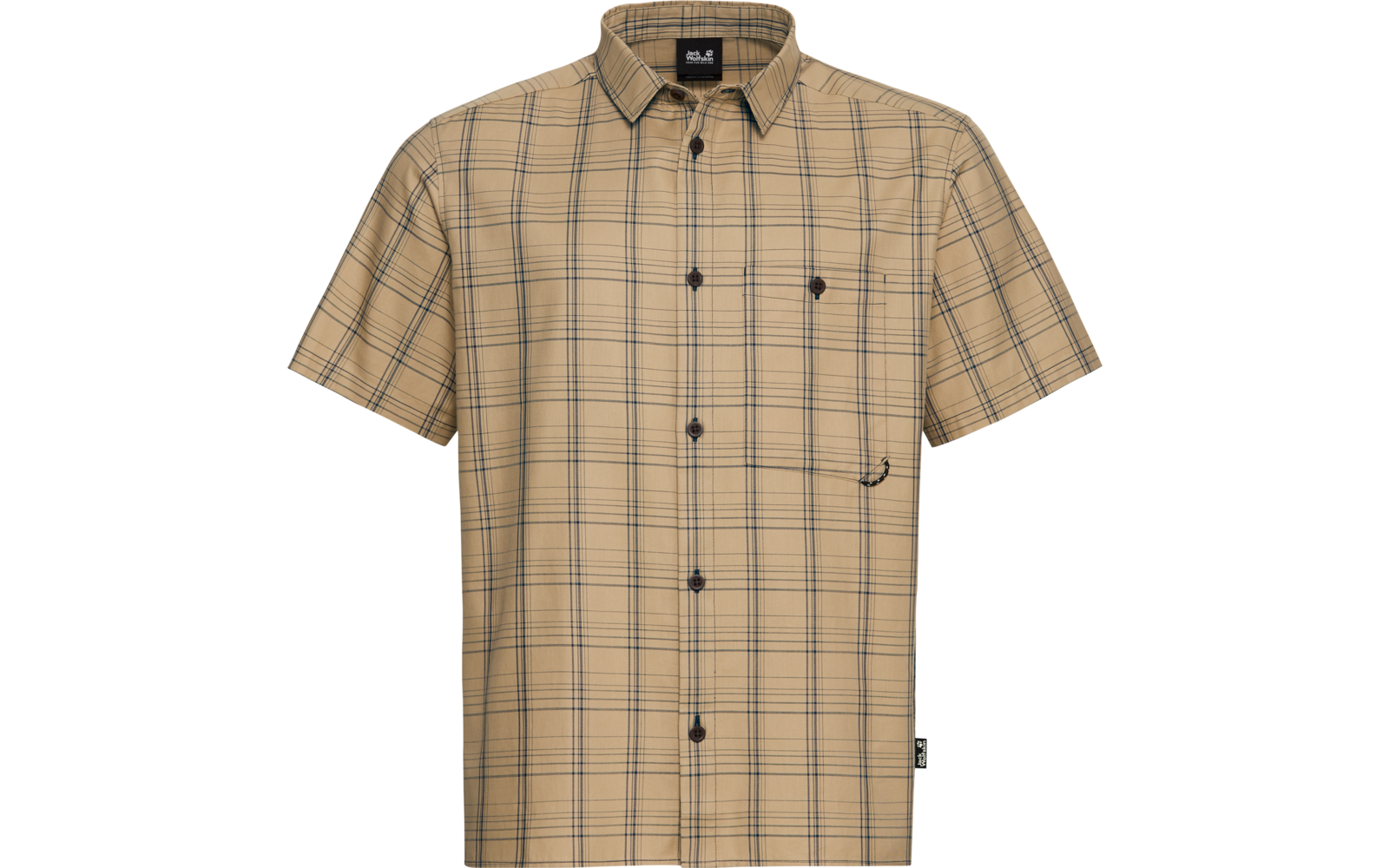 Beige kariertes Kurzarmhemd mit Knopfleiste, Brusttasche und dunklen Knöpfen