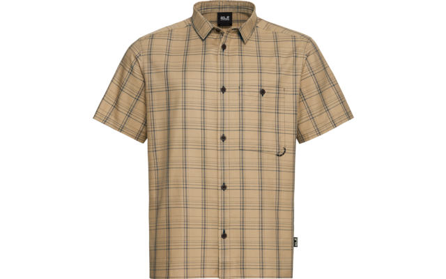Beige kariertes Kurzarmhemd mit Knopfleiste, Brusttasche und dunklen Knöpfen