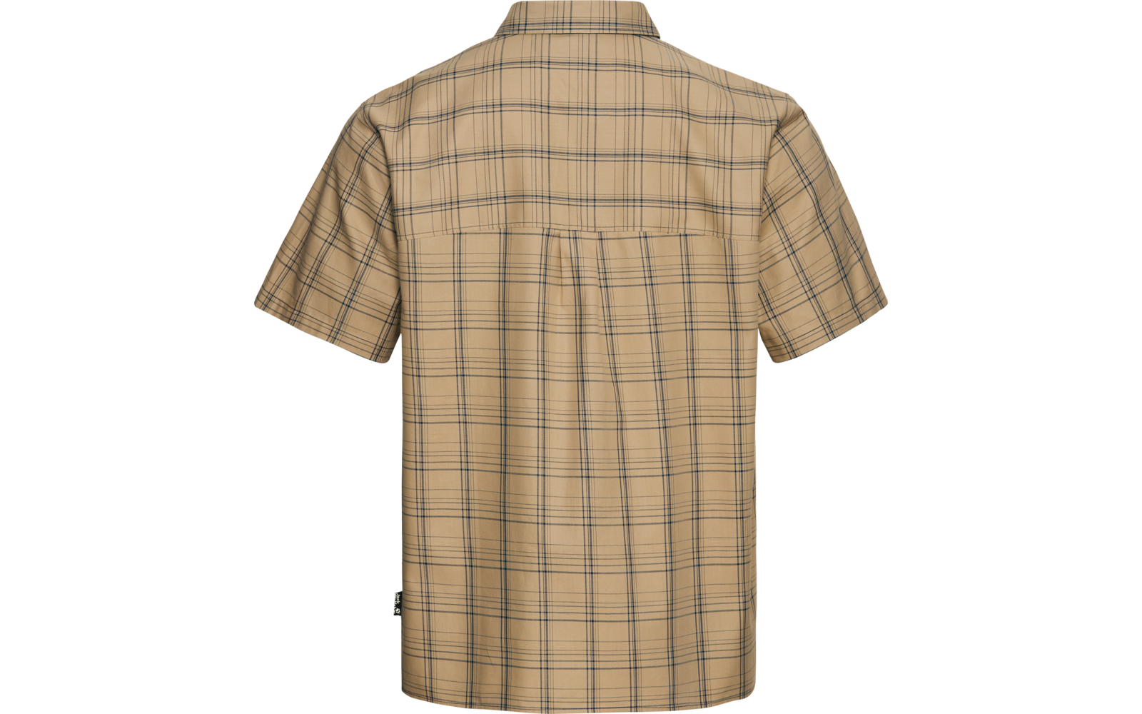 Rückansicht eines beigen, karierten Kurzarmhemds