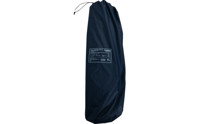 Dunkelblauer, länglicher Beutel mit Zugkordel oben und weißem Etikett auf der Vorderseite