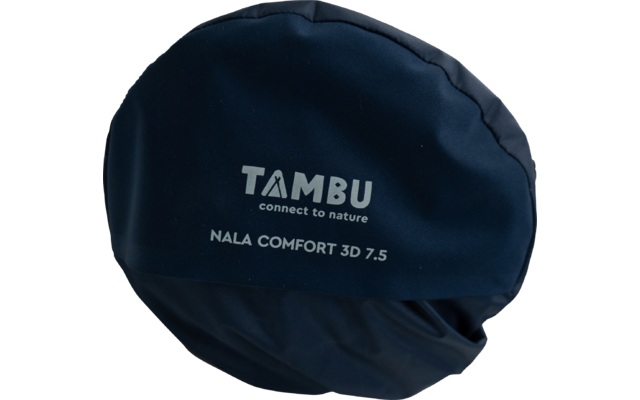 Runder dunkelblauer gepolsterter Stoffbezug mit weißem Aufdruck ‚TAMBU connect to nature‘ und ‚NALA COMFORT 3D 7.5‘