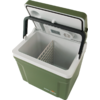 Glacière portable verte ouverte avec intérieur blanc, cloison amovible, écran numérique et grille de ventilation sur le couvercle, poignées noires