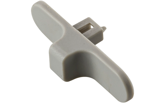 Pièce en plastique gris clair avec un levier plat en T et une ouverture rectangulaire dans la tige