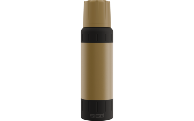 Goldfarbene Isolierflasche mit schwarzem oberen und unteren Rand und Schraubverschluss, Markenaufdruck SIGG am unteren Rand