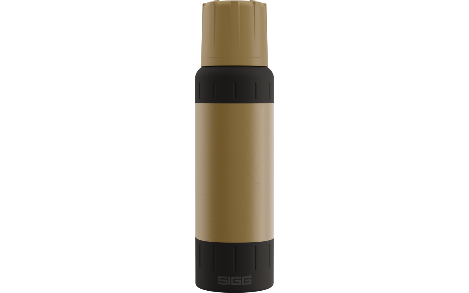 Goldfarbene Isolierflasche mit schwarzem oberen und unteren Rand und Schraubverschluss, Markenaufdruck SIGG am unteren Rand