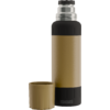 Beige Isolierflasche mit schwarzem oberen und unteren Rand und silbernem Schraubverschluss; daneben ein beiger Trinkbecher