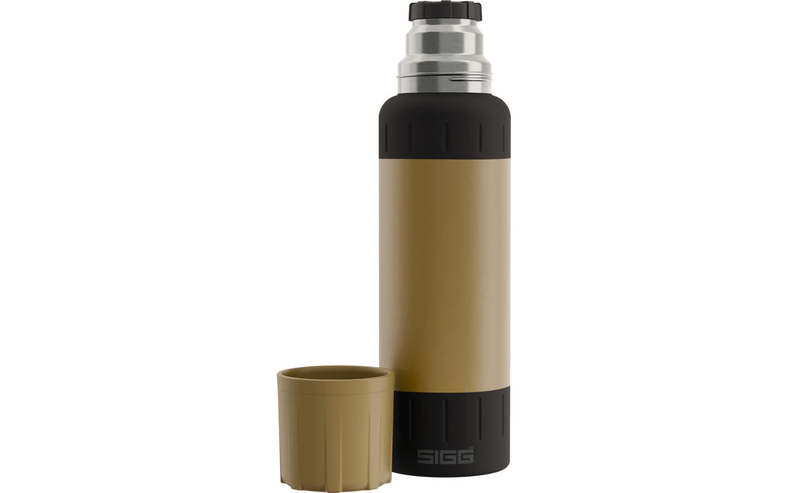 Beige Isolierflasche mit schwarzem oberen und unteren Rand und silbernem Schraubverschluss; daneben ein beiger Trinkbecher