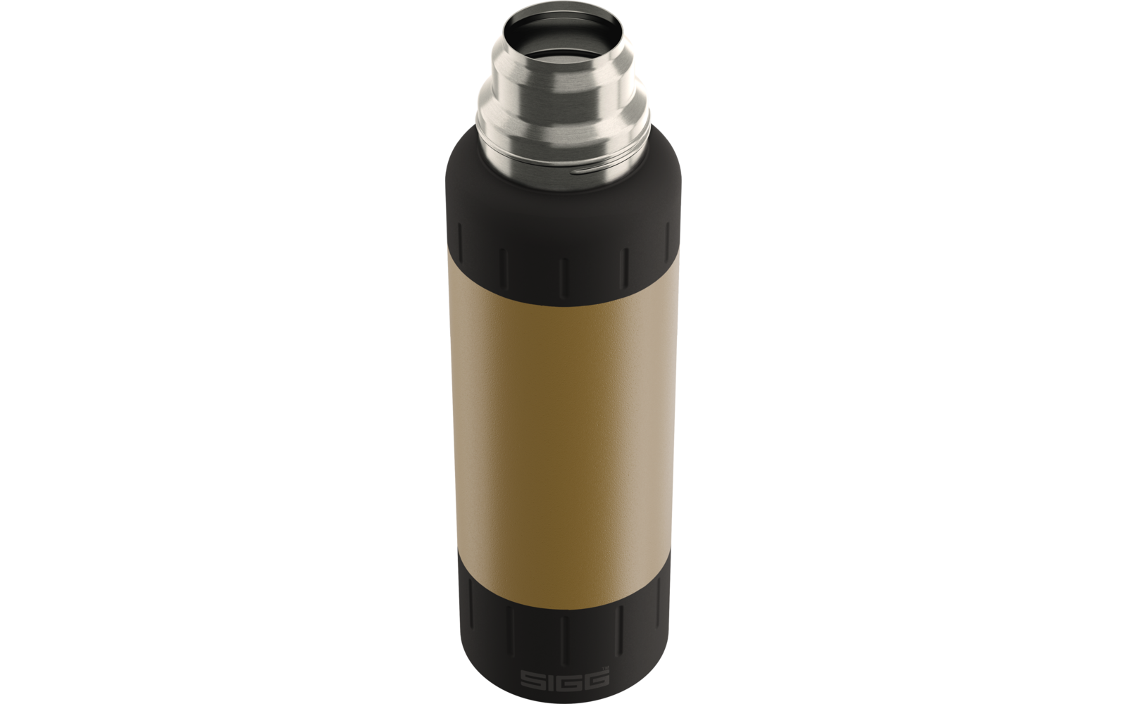 Zylindrische Isolierflasche mit silbernem Schraubverschluss, schwarzem oberen und unteren Teil, goldenem Mittelteil und Schriftzug 'SIGG' am Boden