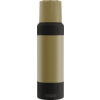 Goldfarbene Isolierflasche mit schwarzem oberen und unteren Rand und Schraubverschluss, Markenaufdruck SIGG am unteren Rand