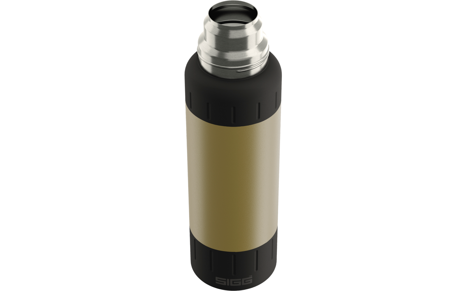 Zylindrische Isolierflasche mit silbernem Schraubverschluss, schwarzem oberen und unteren Teil, goldenem Mittelteil und Schriftzug 'SIGG' am Boden