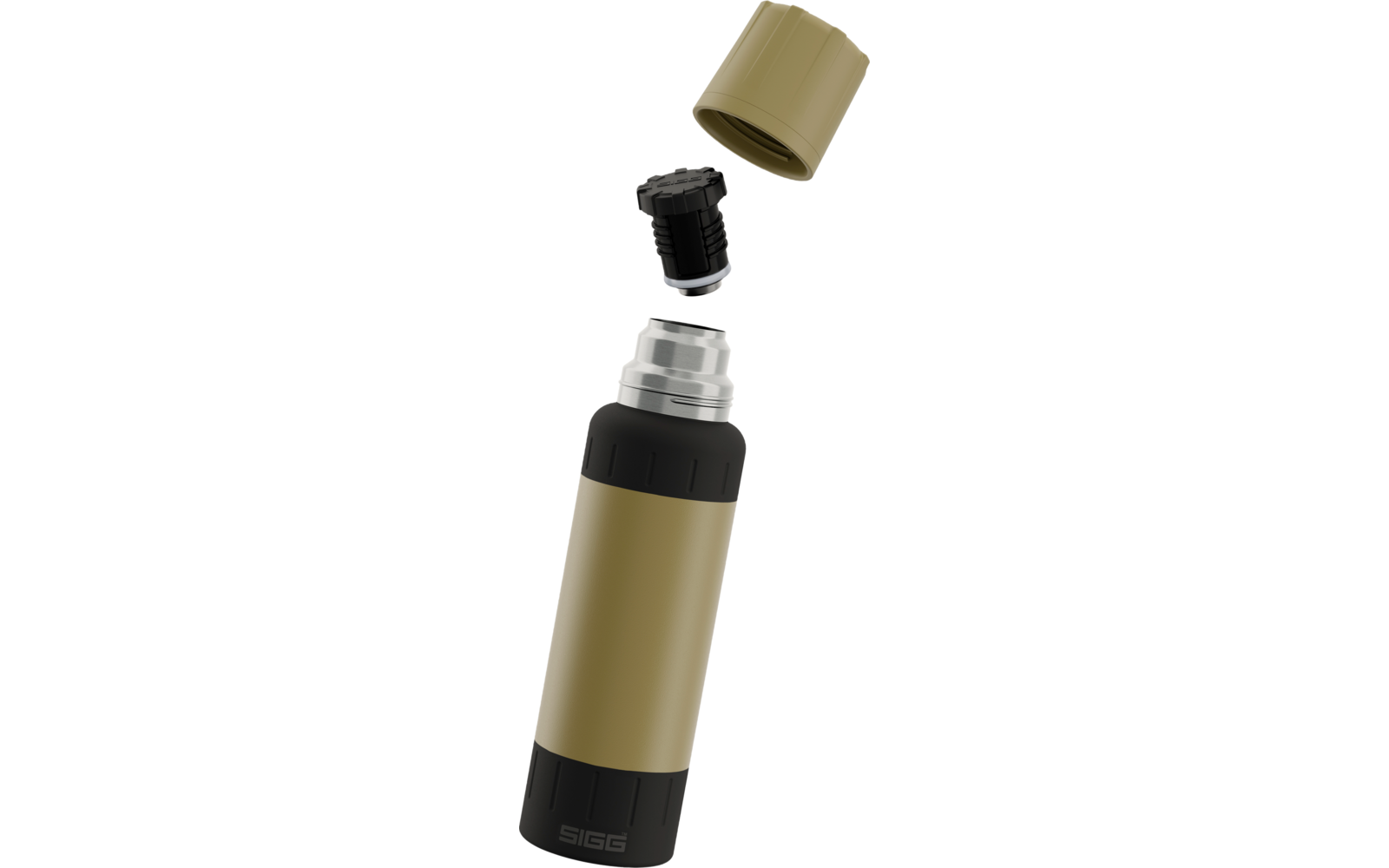 Goldfarbene Thermosflasche mit abgenommenem Außenverschluss und schwarzem Innenverschluss, Teile schweben über der Flasche