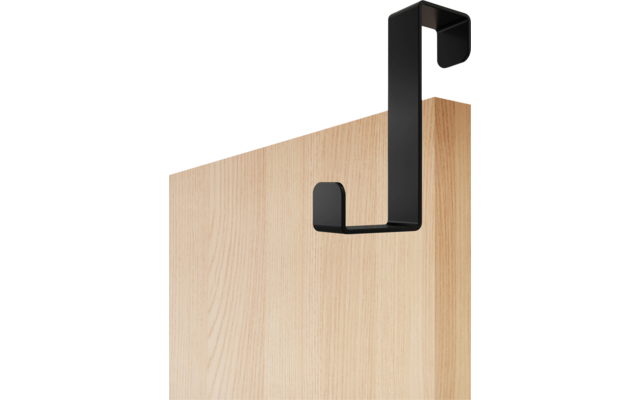 Schwarzer Metallhaken zum Aufhängen über eine Holztür