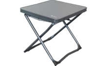 Grau lackierter quadratischer Klapptisch mit X-förmigem Metallgestell und Stoffablage unter der Tischplatte