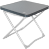 Gray square folding table with X-shaped metal legs and a fabric shelf under the tabletop