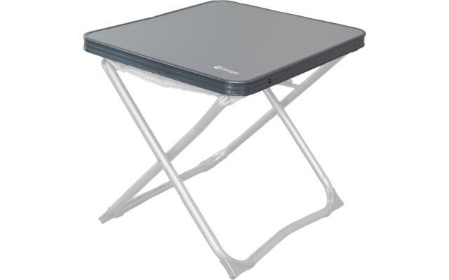 Gray square folding table with X-shaped metal legs and a fabric shelf under the tabletop