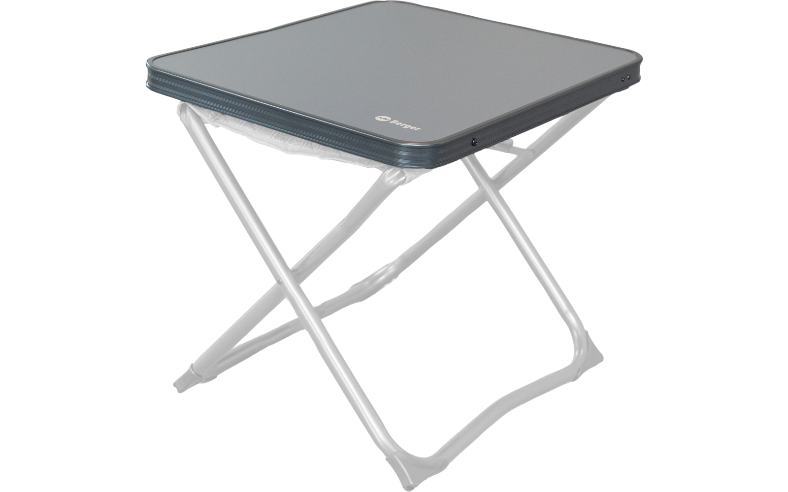 Gray square folding table with X-shaped metal legs and a fabric shelf under the tabletop