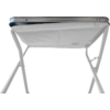Underside of a folding chair with a grey fabric seat and dark metal frame, visible crossbars and screws