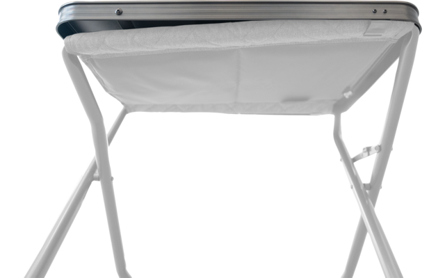 Underside of a folding chair with a grey fabric seat and dark metal frame, visible crossbars and screws