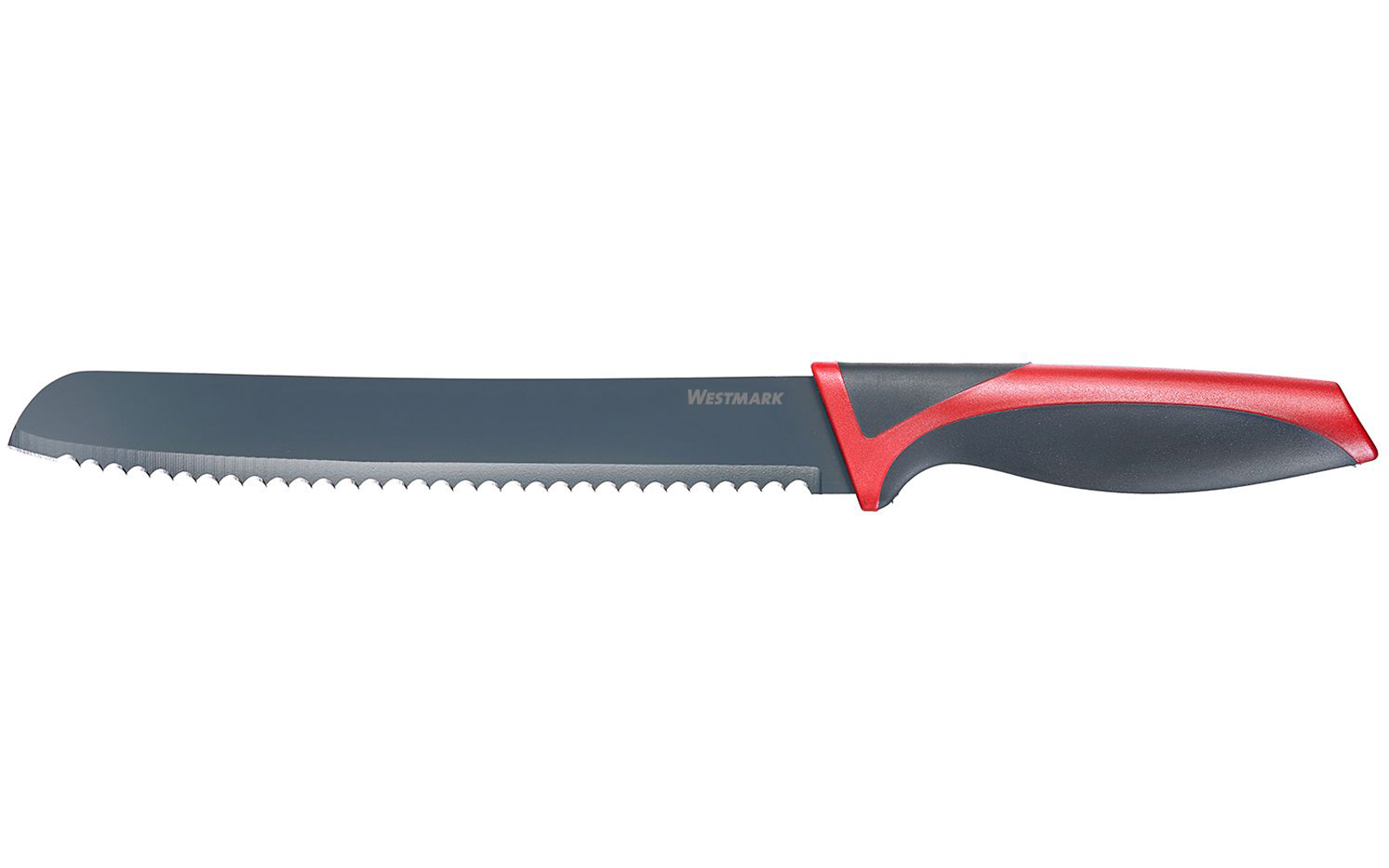Graues, gezahntes Messer mit langer Klinge und schwarzem Griff mit roten Akzenten; auf der Klinge steht "Westmark"