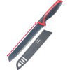 Langes Messer mit gezahnter Klinge, schwarzem und rotem Griff, rote Markierung "200 mm" entlang der Klinge, graue Kunststoffscheide daneben