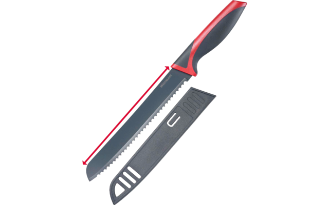 Langes Messer mit gezahnter Klinge, schwarzem und rotem Griff, rote Markierung "200 mm" entlang der Klinge, graue Kunststoffscheide daneben