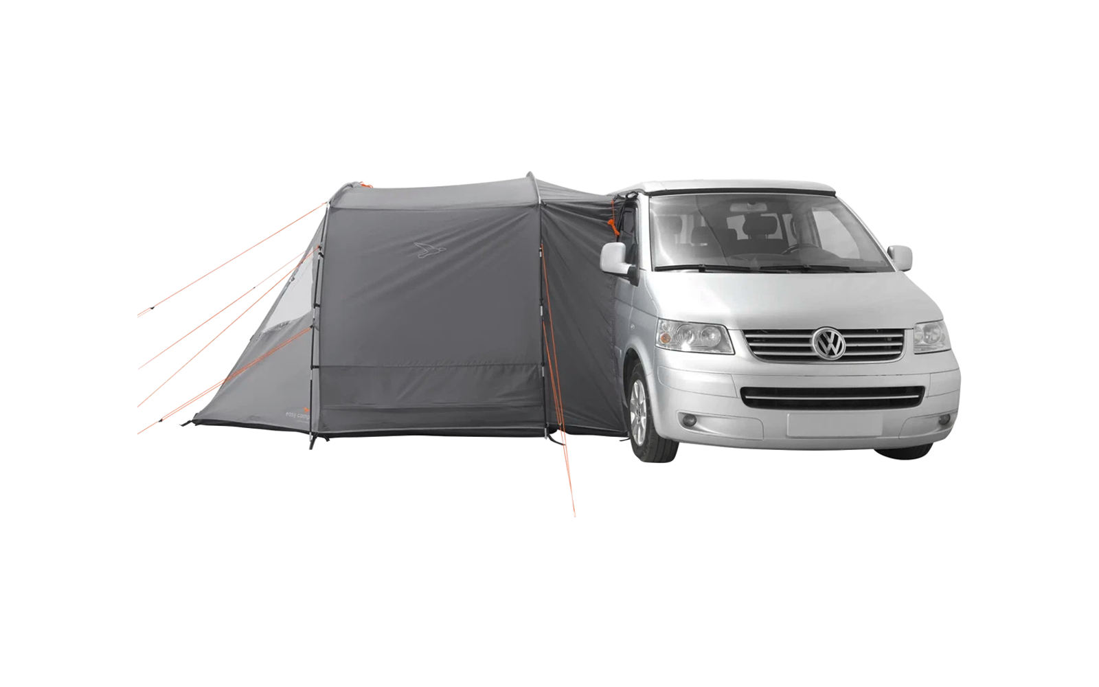 Ein weißer Van mit angebautem grauen Vorzelt