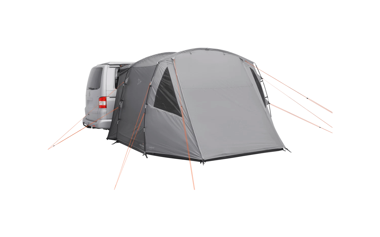 Ein graues Zelt, das an der Rückseite eines weißen Vans befestigt ist