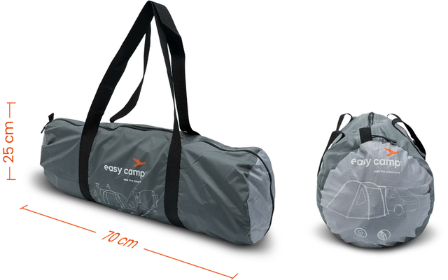 Graue Tragetasche mit schwarzem Tragegurt, Maße 50 x 20 x 20 cm, zusammengefaltet zu einer kleinen runden Form