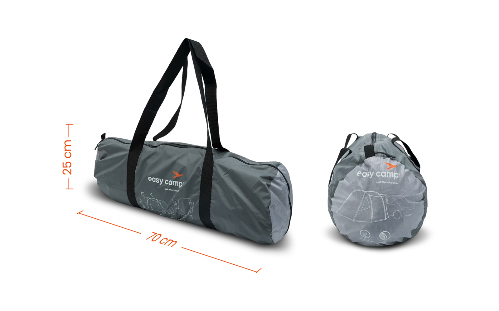 Graue Tragetasche mit schwarzem Tragegurt, Maße 50 x 20 x 20 cm, zusammengefaltet zu einer kleinen runden Form