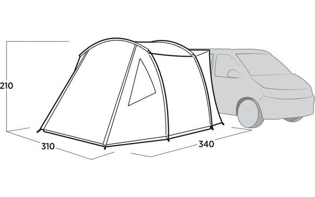 Zelt mit angebautem Vorzelt und Auto im Hintergrund