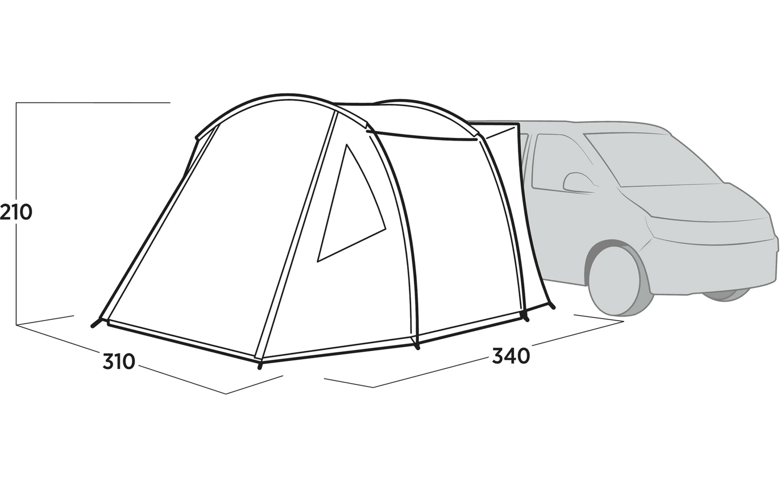 Zelt mit angebautem Vorzelt und Auto im Hintergrund