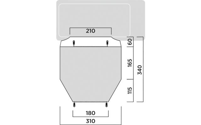 Technische Zeichnung mit Abmessungen eines rechteckigen Objekts mit einer Aussparung und Pfeilen zur Größenangabe
