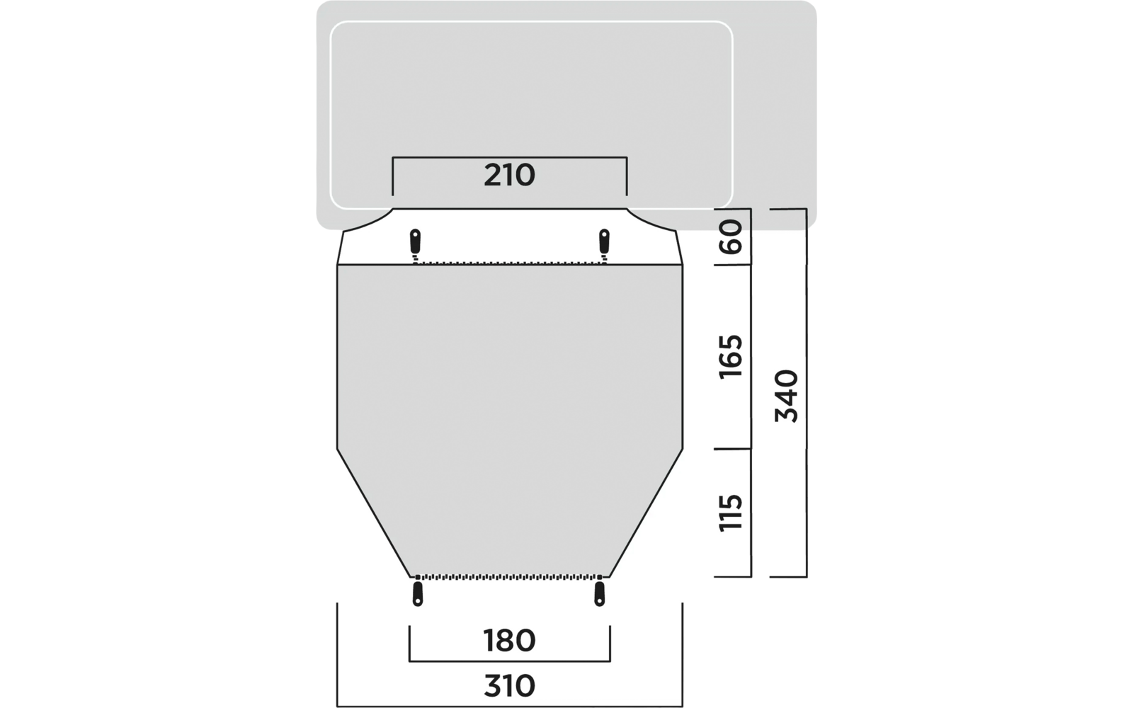 Technische Zeichnung mit Abmessungen eines rechteckigen Objekts mit einer Aussparung und Pfeilen zur Größenangabe
