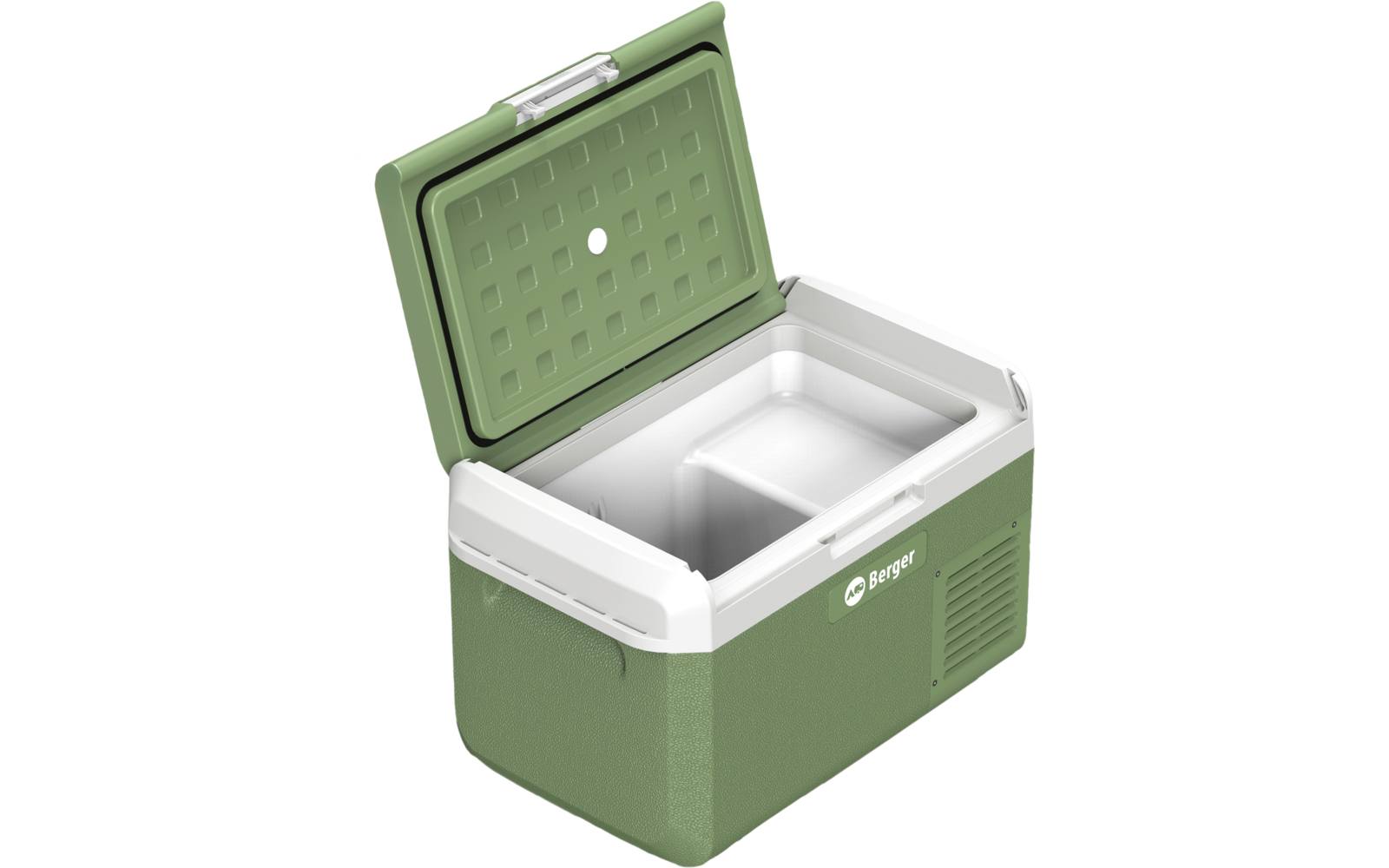 Grüne rechteckige Kühlbox mit offenem Deckel, weißem Innenraum und herausnehmbarem Einsatz