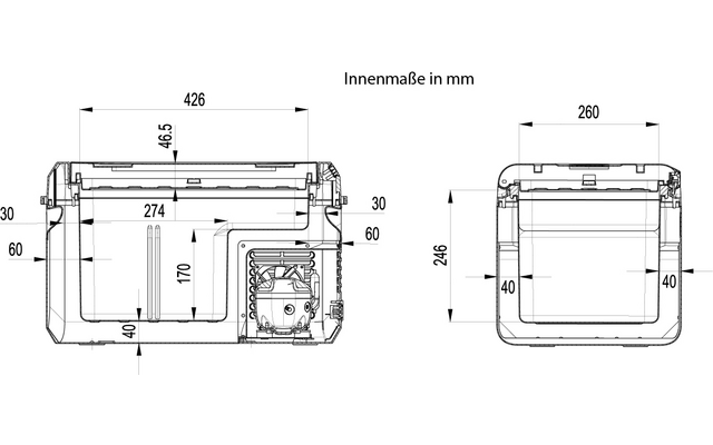 Dessin technique au trait montrant deux vues orthogonales d'une boîte rectangulaire, avec l'inscription "Innenmaße in mm" et des lignes de cote indiquant des valeurs (426, 260, 274, 170, 246, 60, 40, 30, 46,5)