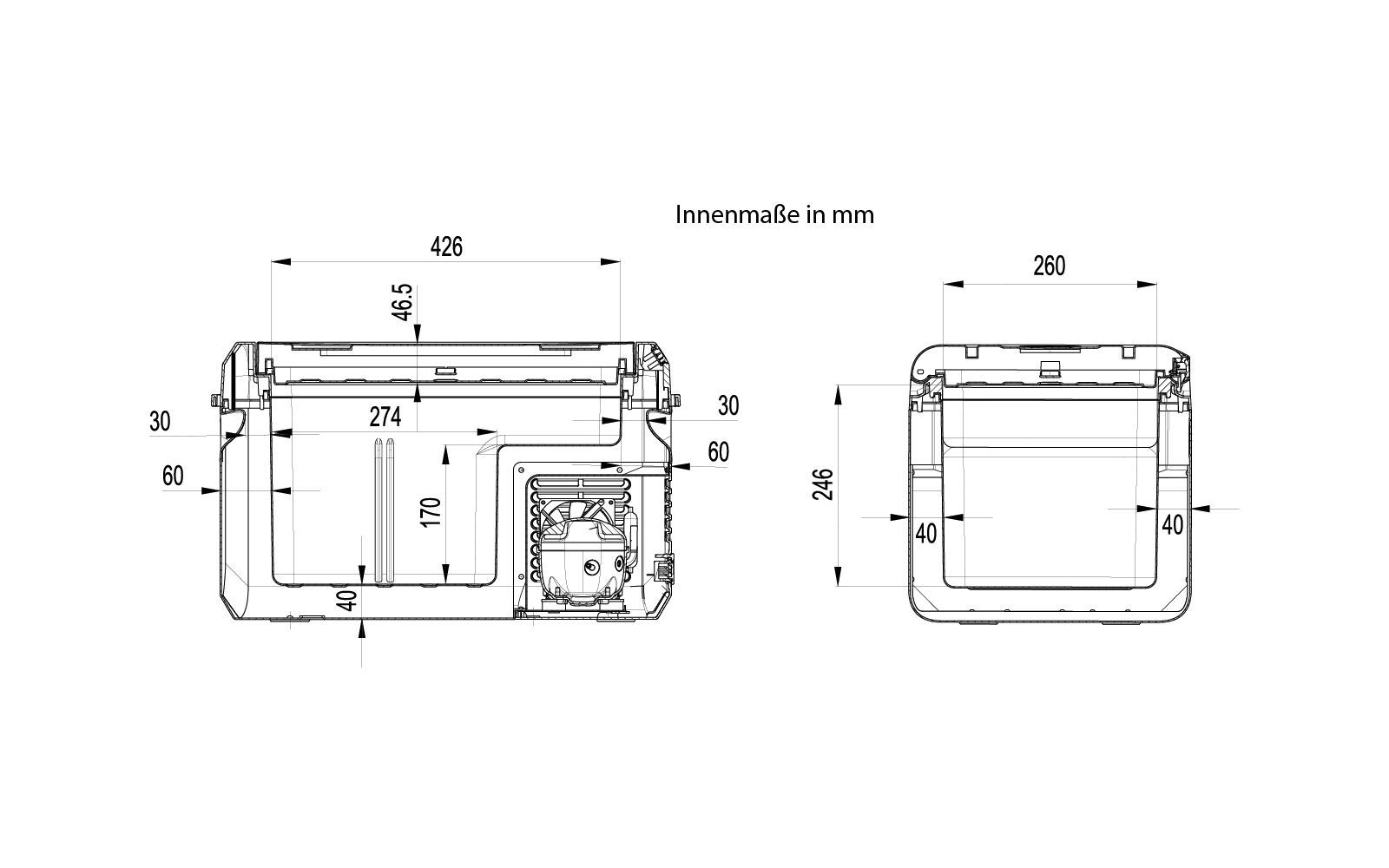 Dessin technique au trait montrant deux vues orthogonales d'une boîte rectangulaire, avec l'inscription "Innenmaße in mm" et des lignes de cote indiquant des valeurs (426, 260, 274, 170, 246, 60, 40, 30, 46,5)