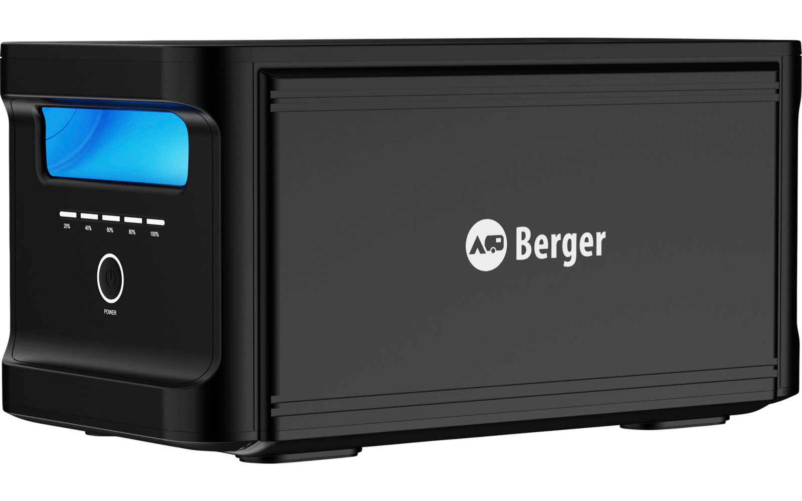 Black rectangular device with a blue-lit display, several buttons and a round power button on the left, right side panel with a white Berger logo