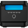 Black square device with a blue illuminated rectangular window at the top, below a horizontal bar indicator with five segments and the percentages '20% 40% 60% 80% 100%', and a round button labeled 'POWER' at the bottom