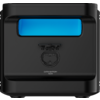 Black rectangular device with rounded corners, blue rectangular display at top, circular port with hinged cover below, text 'EXTRA BATTERY PORT'